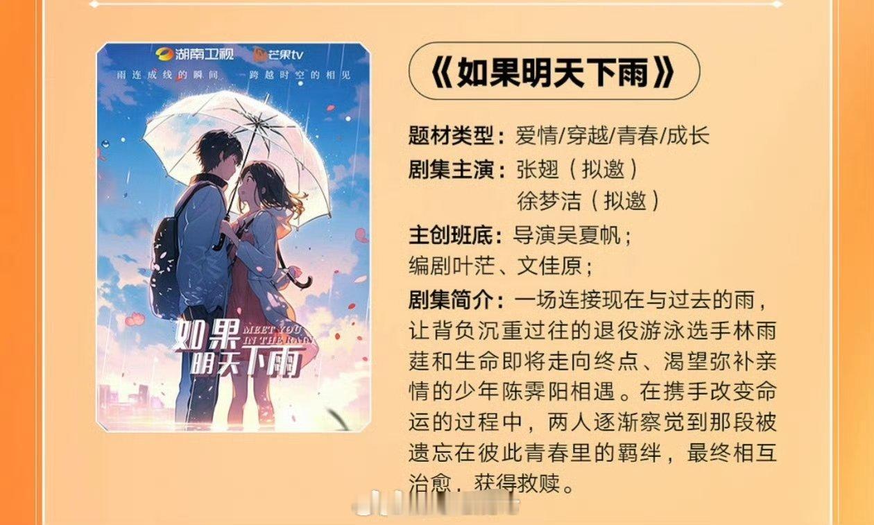 芒果TV青春剧《如果明天下雨》主演：张翅、徐梦洁（拟邀）简介：一场连接现在与过去