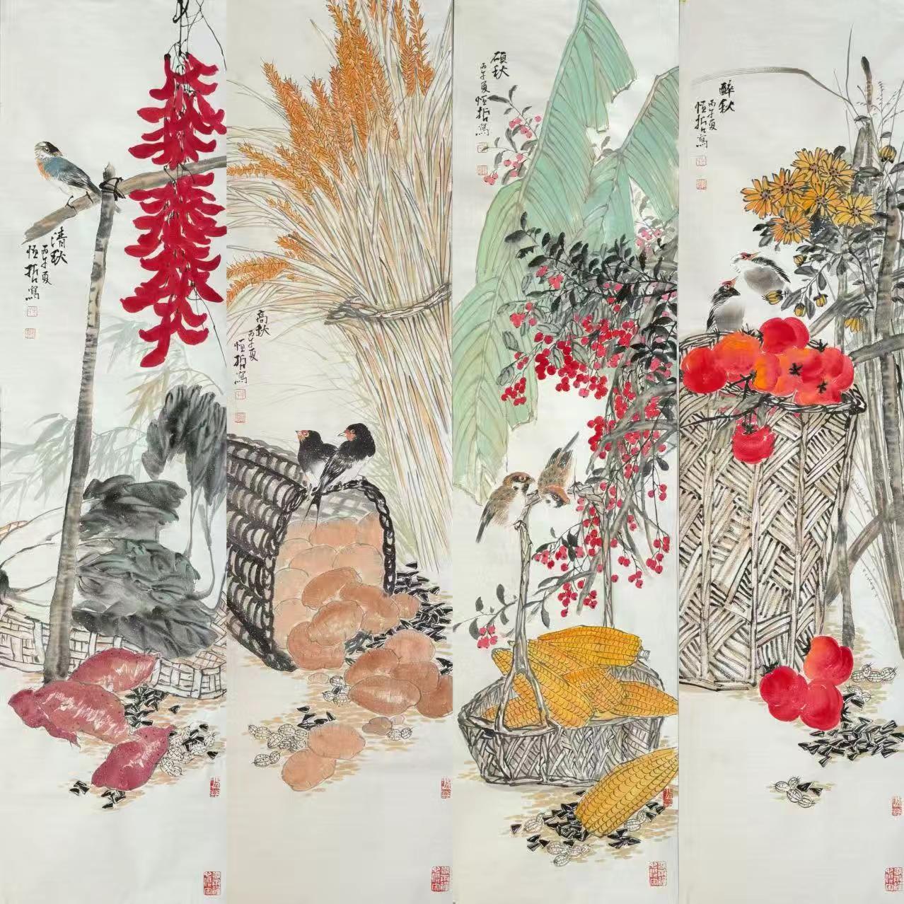 花鸟四条屏，中美协作品。写意花鸟分享手绘国画作品 创作者中心 创作灵感 写意花鸟
