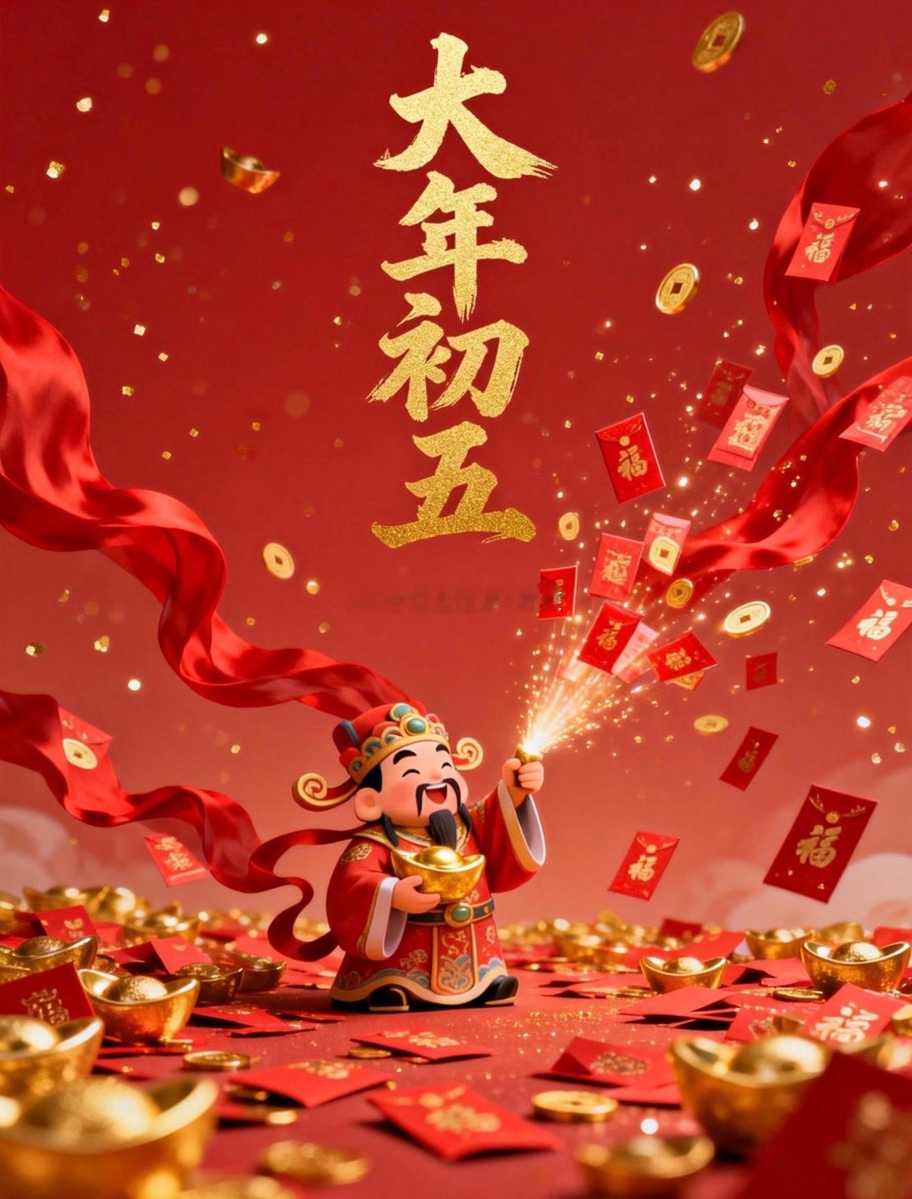 正月初五，财门大开，神驹千里送福，八方财源汇聚，金银常相伴，幸福满家园。新年快乐