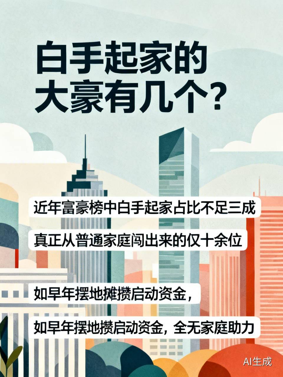 白手起家的大富豪有几个？
       梳理近年富豪榜，真正完全符合白手起家定义