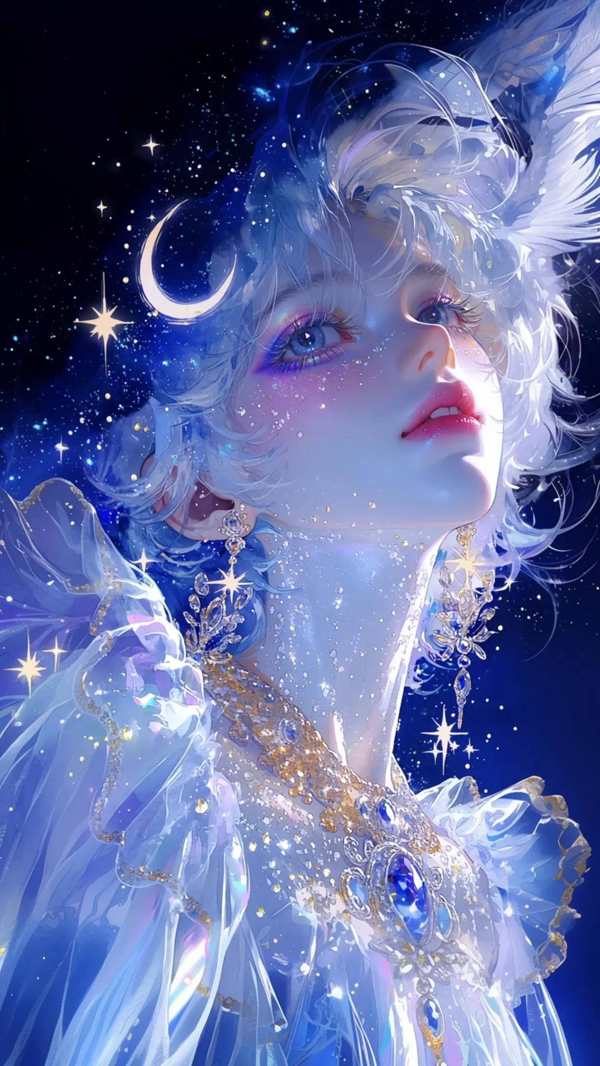 AI美女壁纸～星河入发，月光吻颊，她披着宇宙的碎钻裙，美得连星辰都忍不住驻足凝望