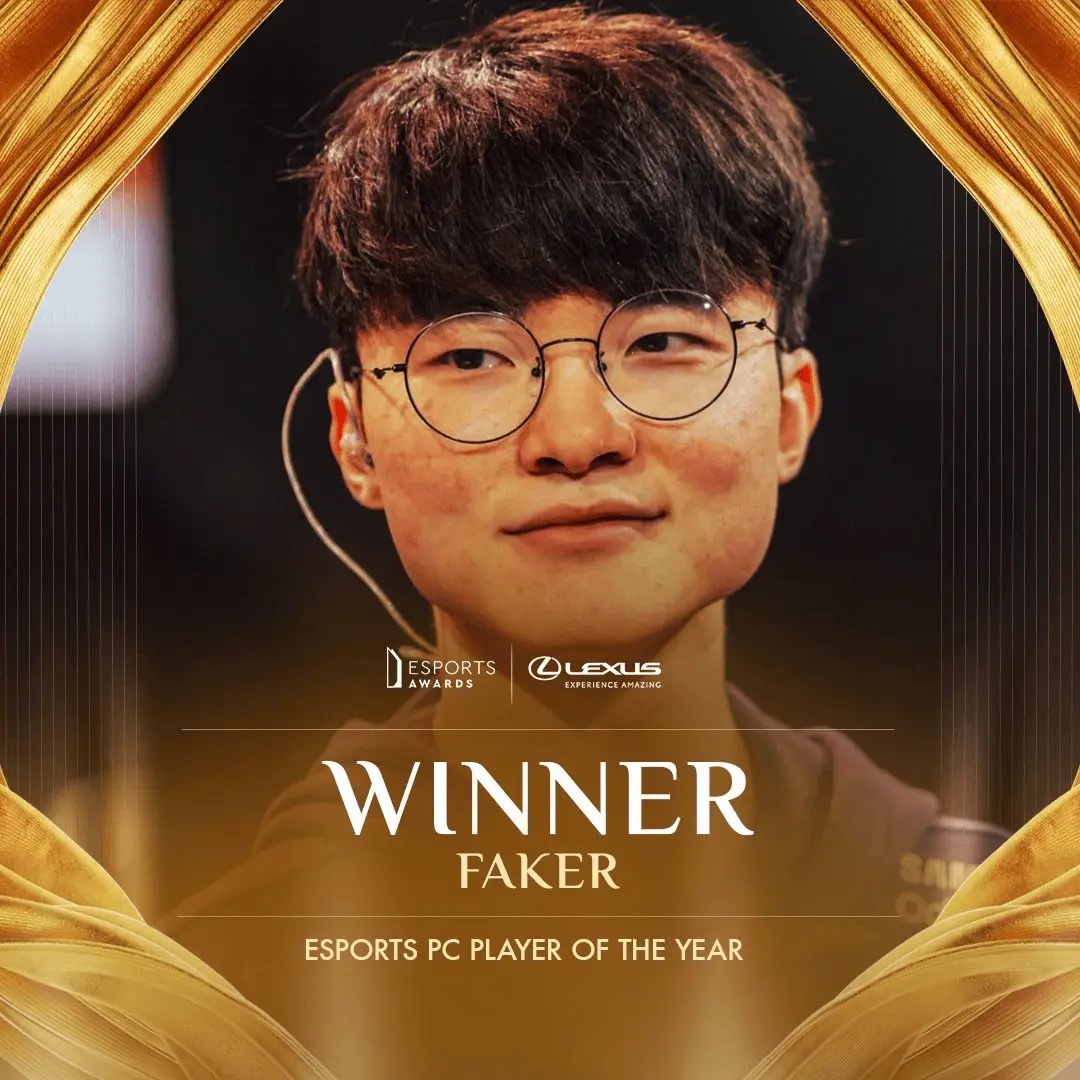 T1中单Faker荣获2024 Esports Awards年度最佳PC电竞选手