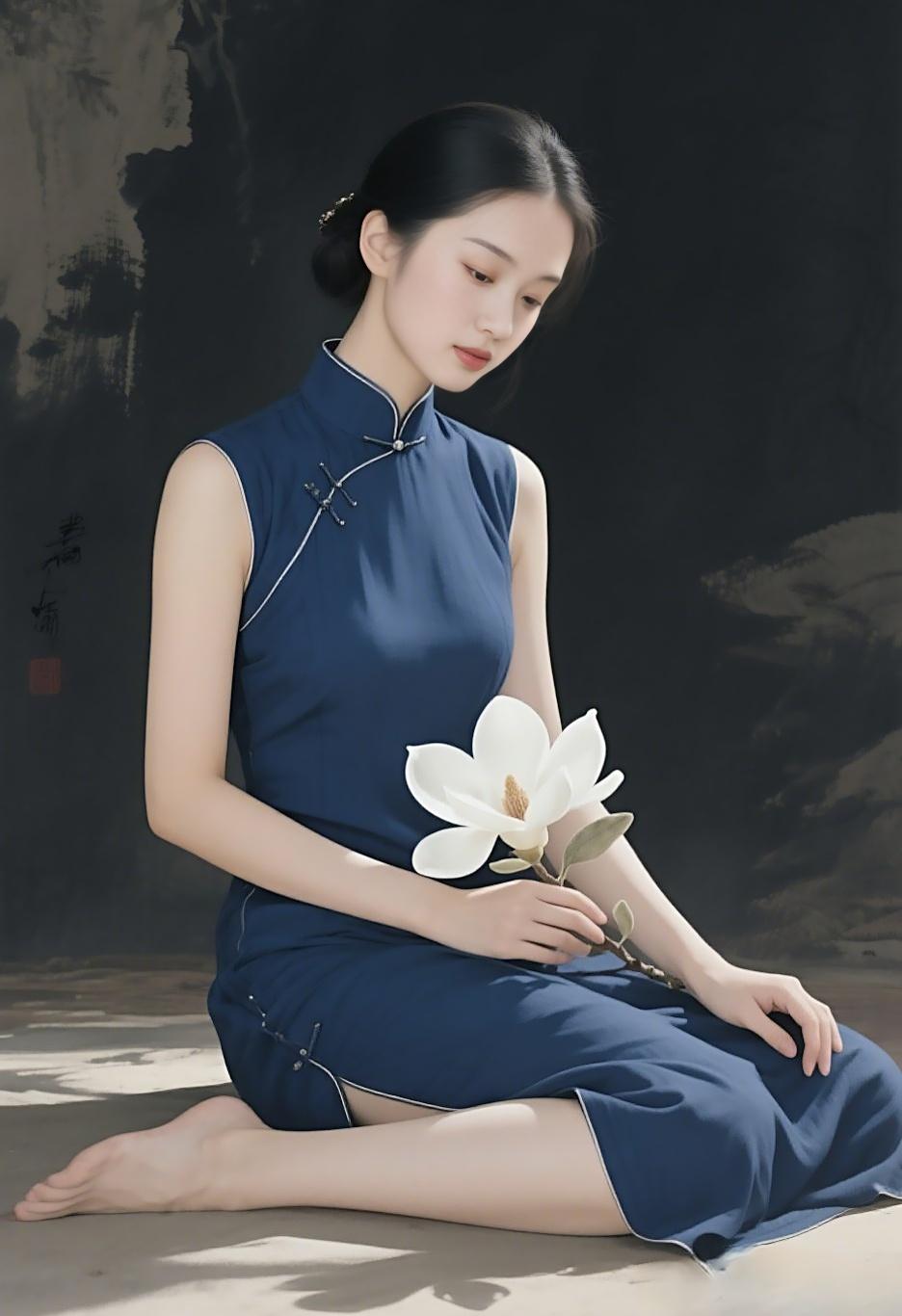 藏青旗袍裹身，是刻在骨子里的东方韵致。玉兰花白得纯粹，衬得眉眼愈发温婉。静坐不语