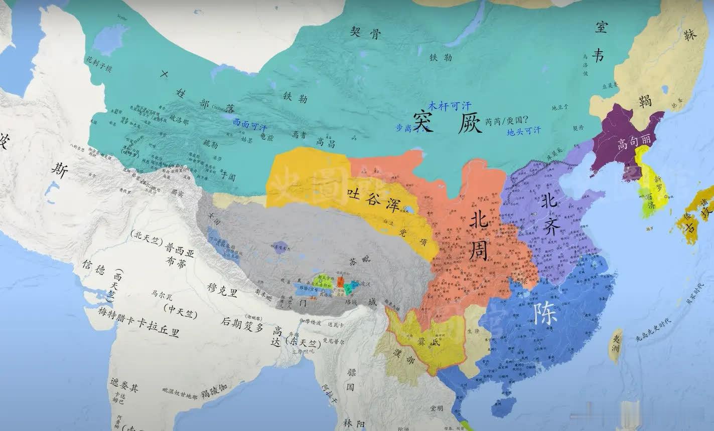 谭其骧先生的南北朝末期地图，以及剑桥中国史上的隋朝内亚的状况。这个时候的东西突厥