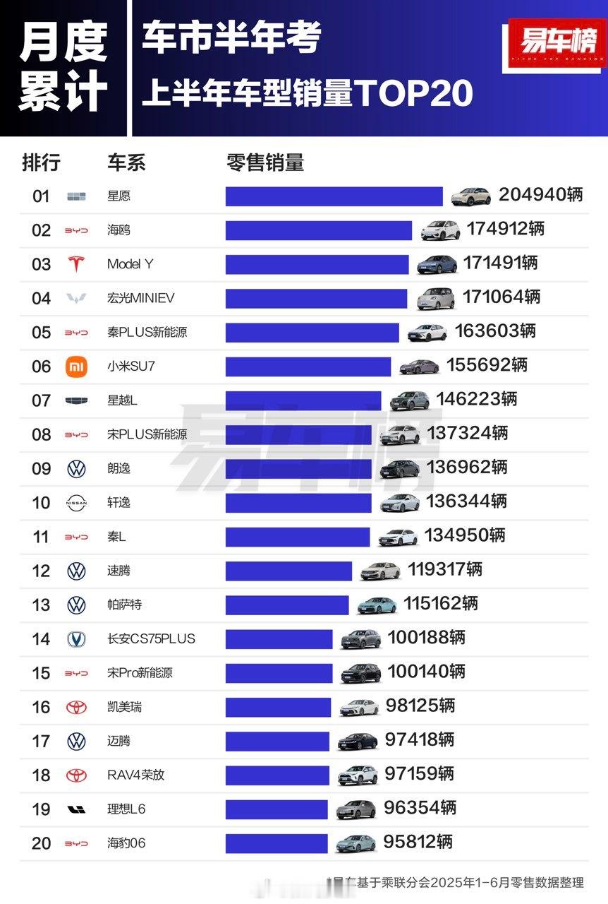 上半年国内消费者最爱买的20款车，小米SU7排名第6 ​​​