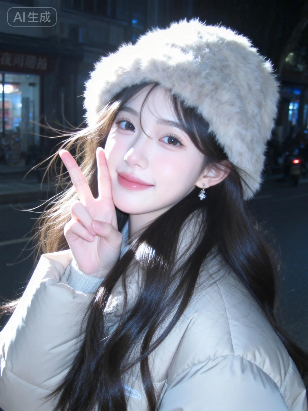 漂亮女生，19岁网红女，冷白皮。穿着浅色羽绒服，毛绒帽子，长发，发丝柔顺有光泽