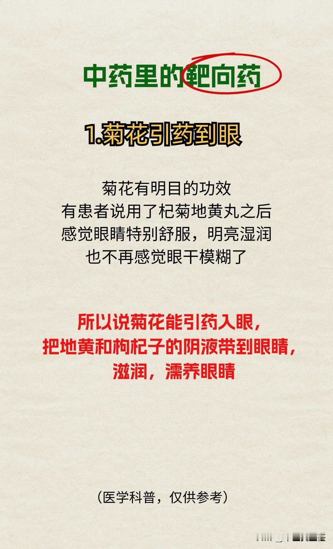 中药里的靶向药，菊花引药到眼，黄连引药到心，牛膝引药到膝盖
#中医##中医健康#