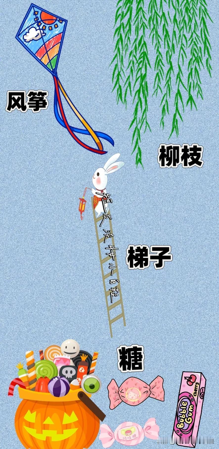 风筝 柳枝 梯子 糖果🍭，打一成语————
风筝：图中有只五颜六色的风筝
柳枝