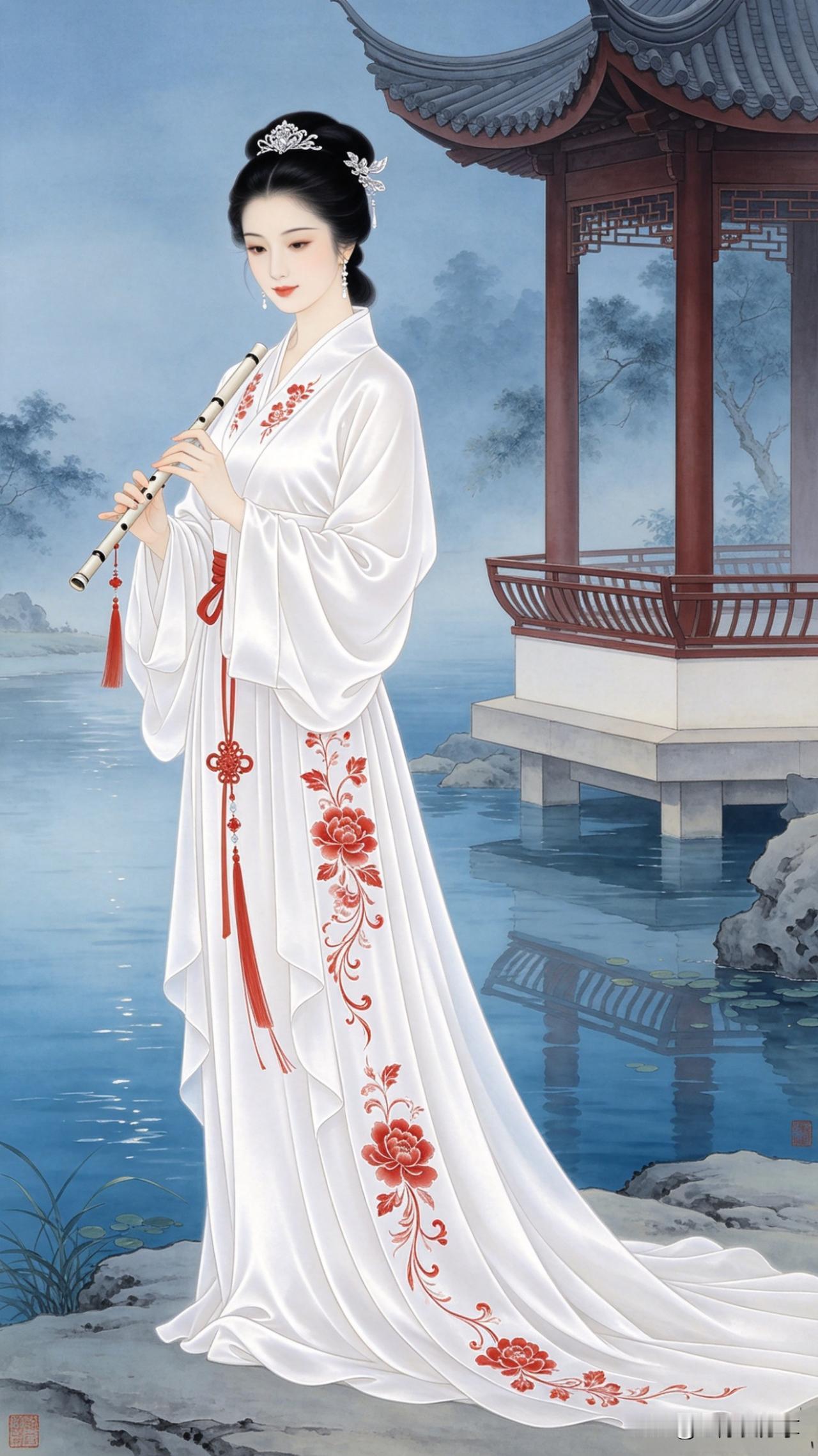 水调歌头·临水吹笛

烟渚暮云合，独立水之湄。
素衣红绣如画，风动发间丝。
手持