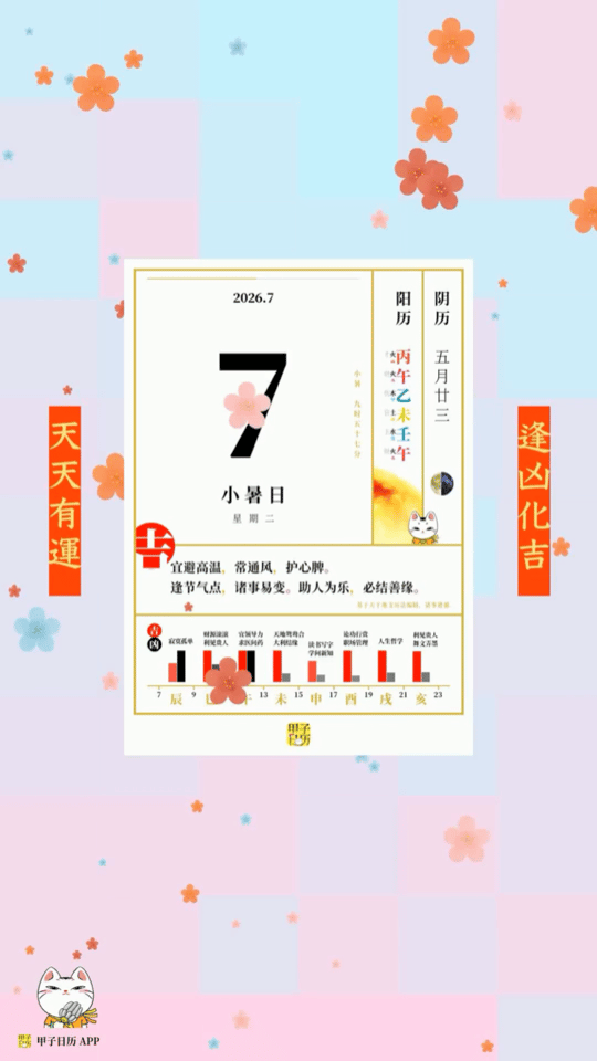 甲子日历 7 月 7 日，小暑日。宜避高温，常通风，护心脾。📆 星座人生