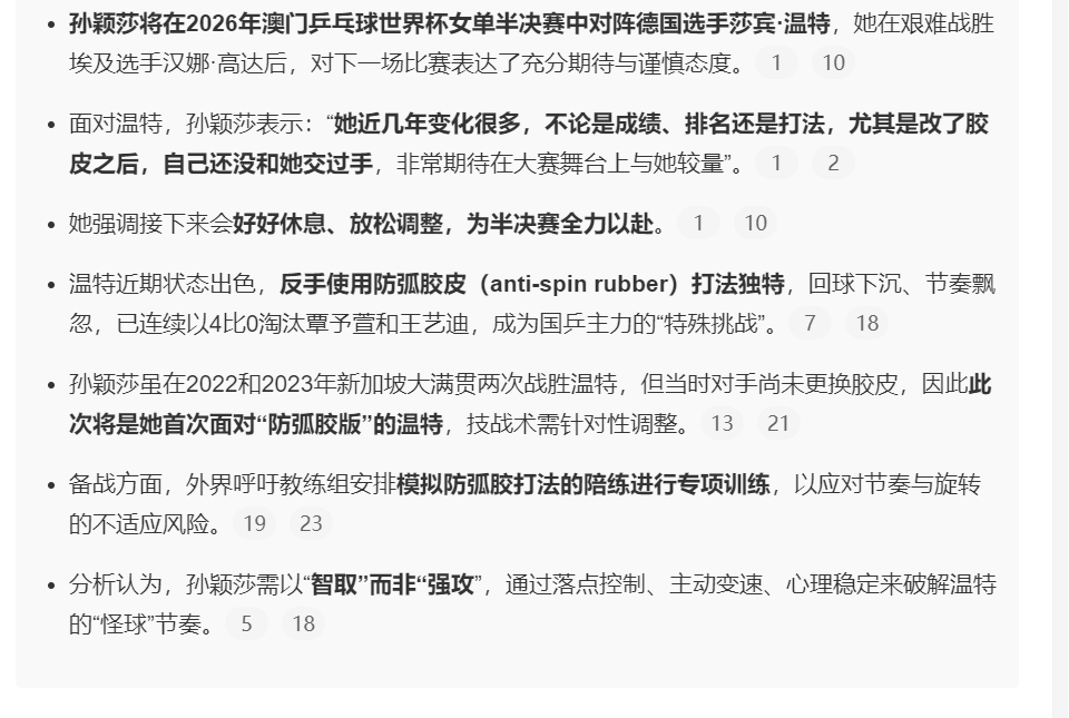 孙颖莎展望与温特比赛 这个AI总结还有点意思啊 我已经点击了反馈的，蘑菇那应该是