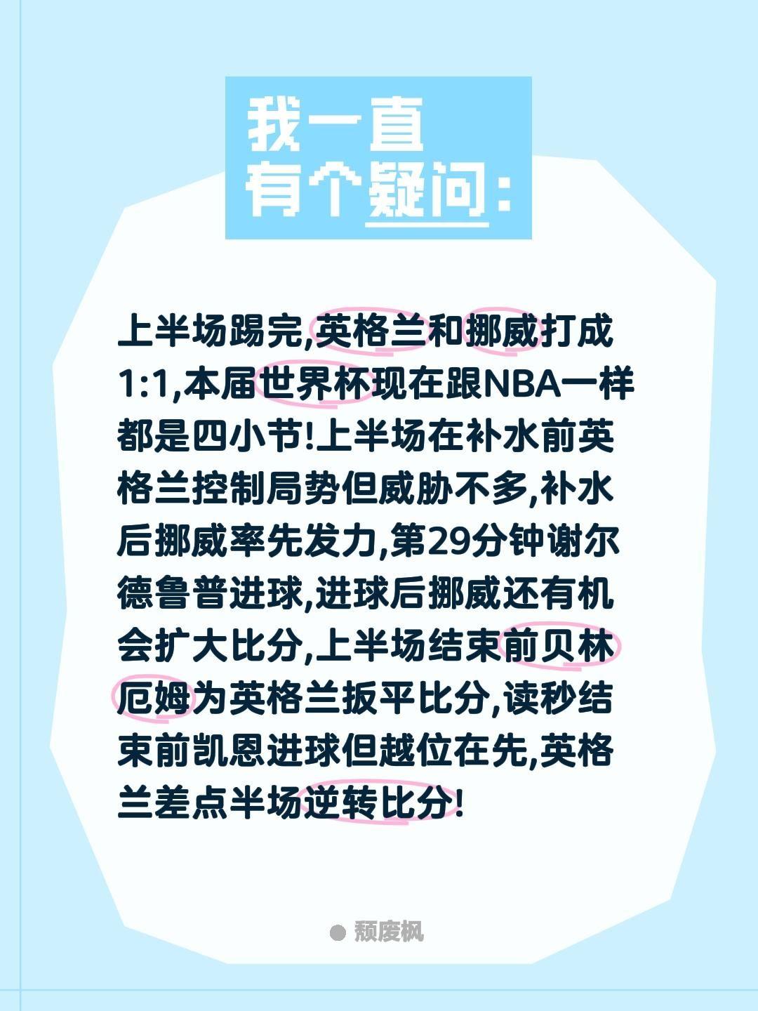 上半场踢完,英格兰和挪威打成1:1,本届世界杯现在跟NBA一样都是四小节!上半场