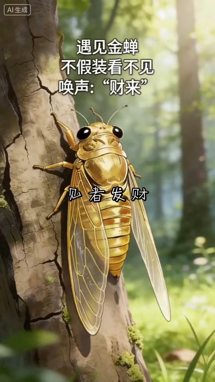 遇见金蝉，不假装看不见，唤声："财来"。
谁见我谁发财，不仅发财还无病无灾，身体
