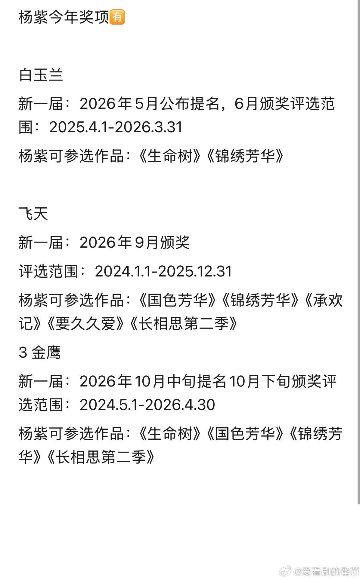 杨紫今年奖项🈶白玉兰新一届：2026年5月公布提名，6月颁奖评选范围：2025