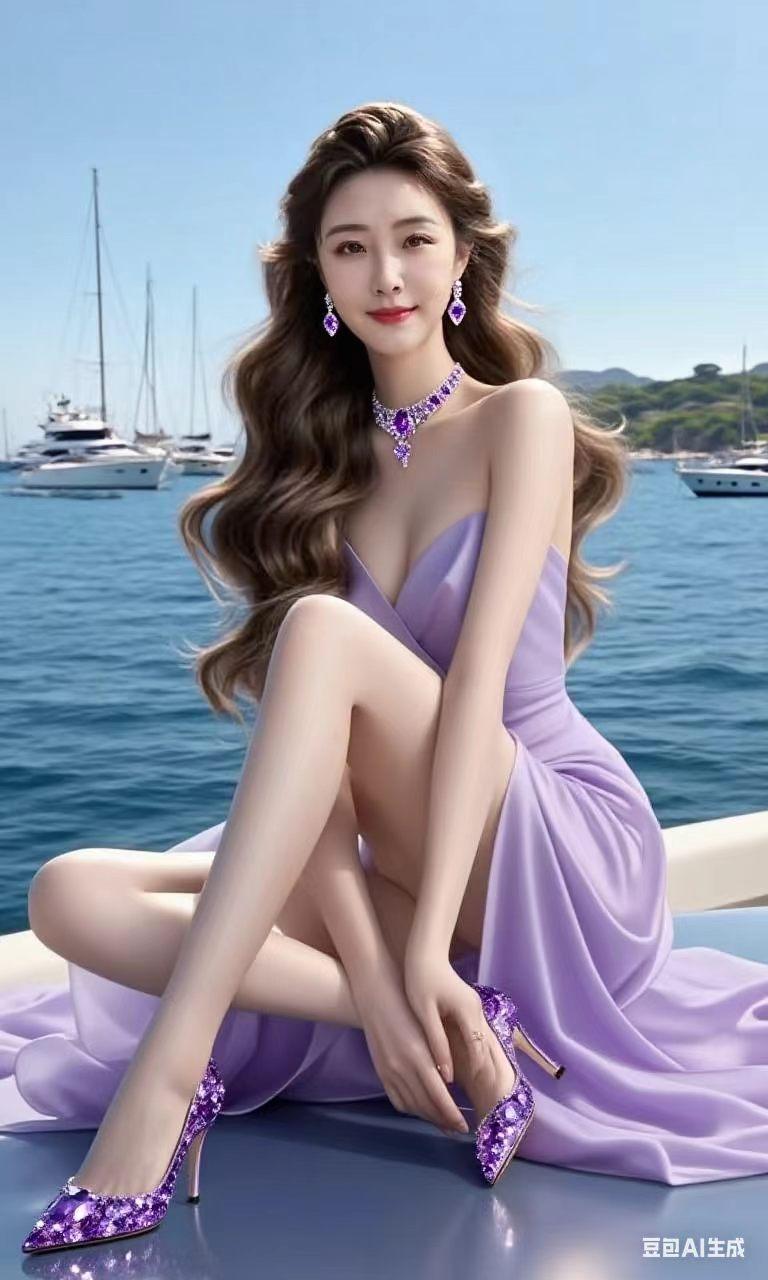 出海享受阳光，优雅如我，紫色长裙随风飘扬，海风轻抚脸庞，每一刻都值得珍惜。