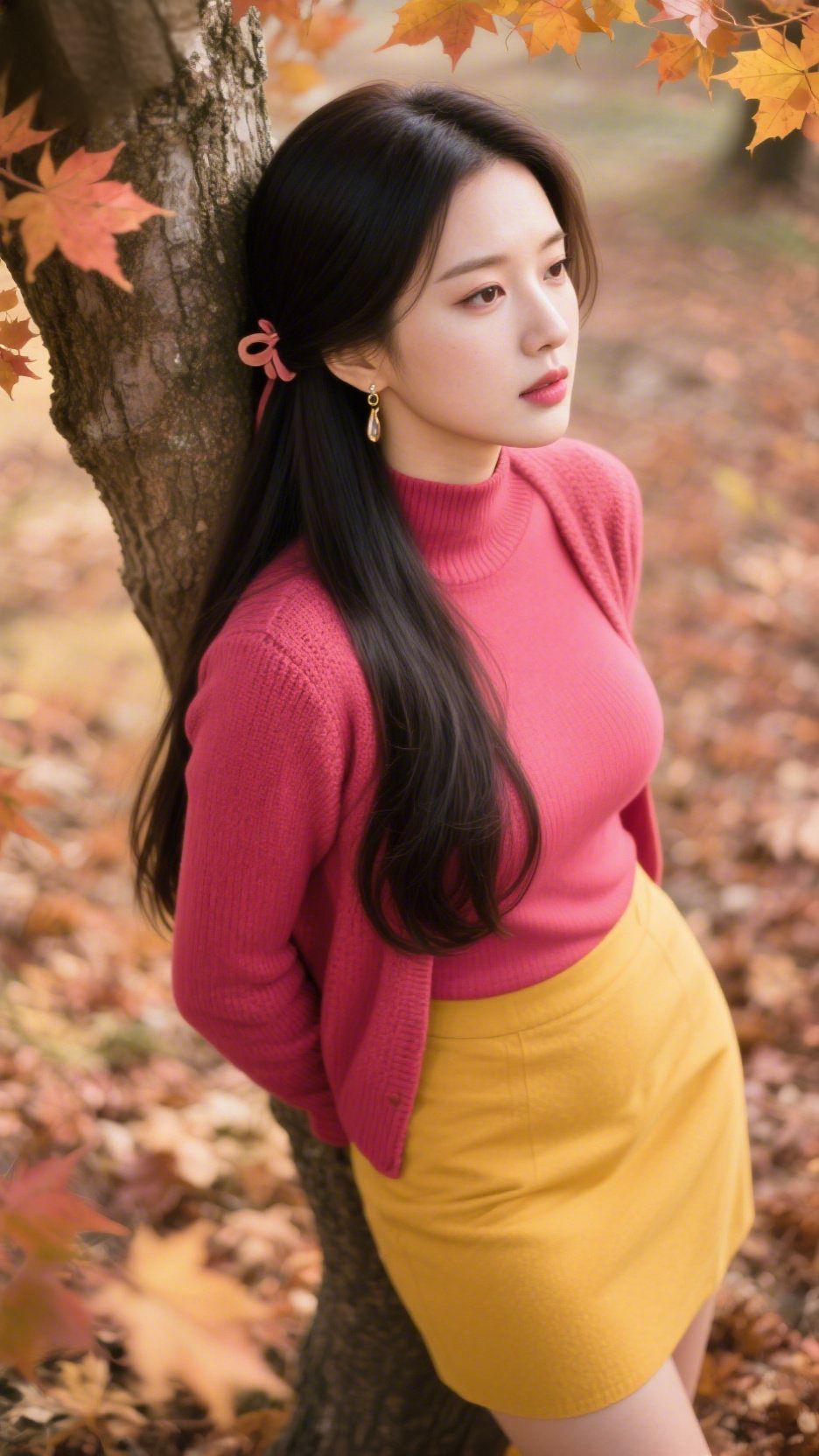 秋意漫枝头
 
秋日的风绕着树干轻扬，枫叶落满肩头，玫红的针织衫揉进了暖调的秋，