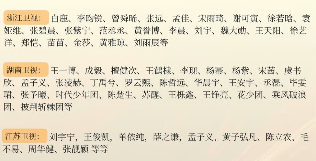 对比了下几家卫视的嘉宾名单这波貌似还是芒果台更胜一筹浙江卫视跨年晚会官宣