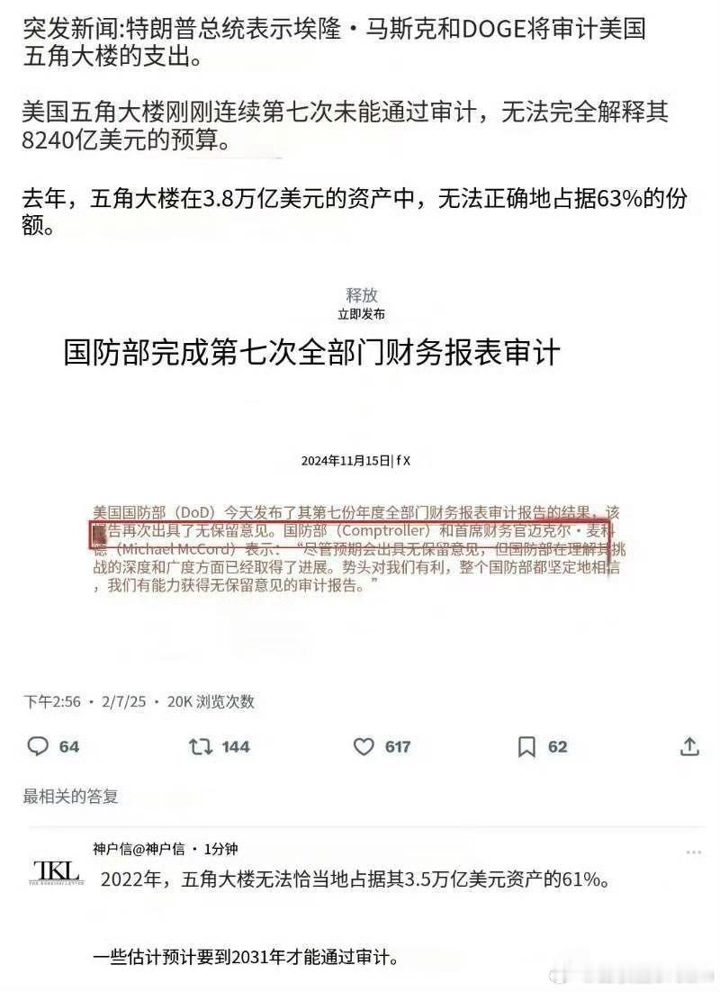 🔻刚刚，美国总统特朗普要求马斯克去审计美国五角大楼8240亿美元的支出。🔻不