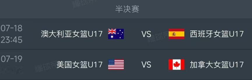 北京时间7月18日-19日，U17女篮世界杯半决赛的对阵如下：

第一场23：4