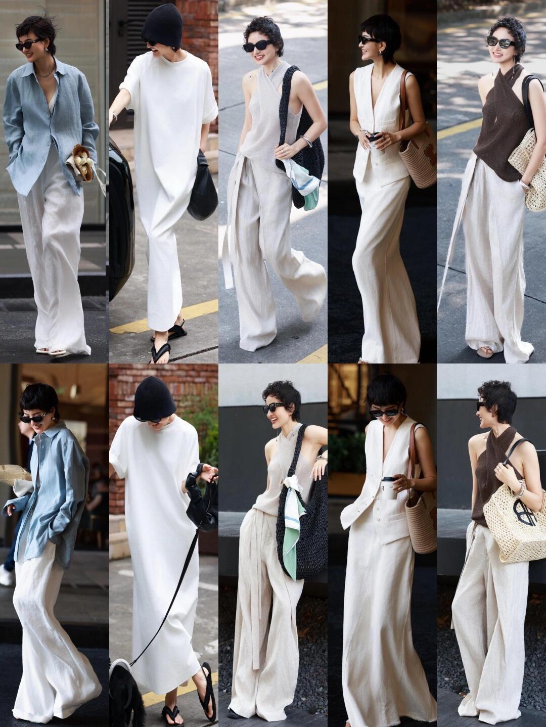 优雅又大气，这一组太适合熟龄了！
亚麻白裤与浅蓝衬衫清爽松弛，挂脖针织衫配阔腿裤