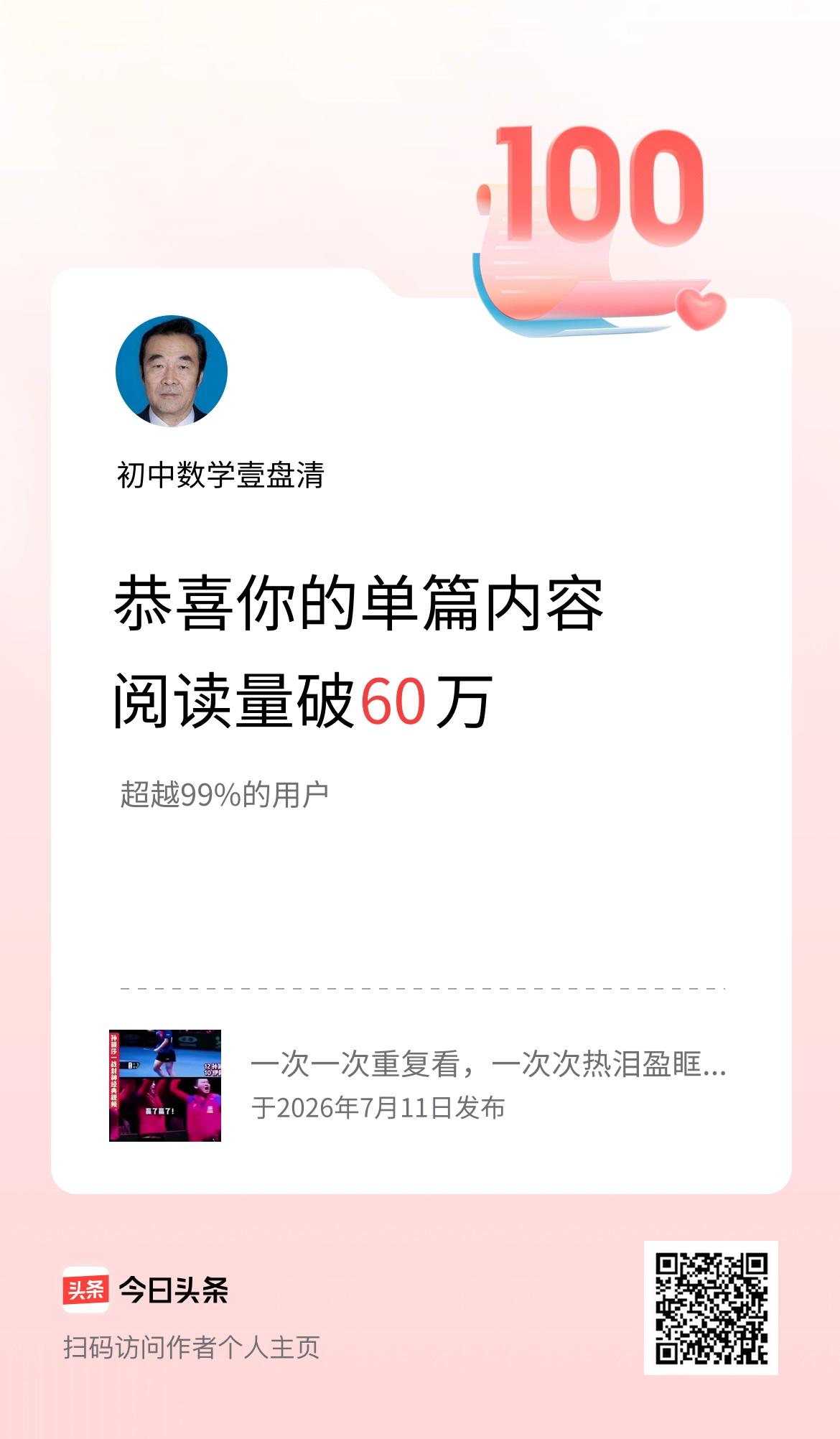 单篇内容获得阅读量破60万啦！