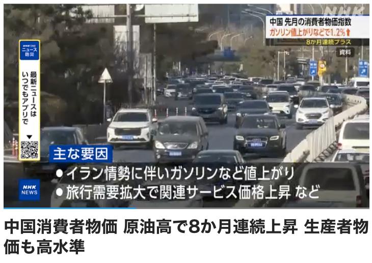 日本NHK报道：中国5月份的消费者物价指数（CPI）受汽油价格上涨等因素影响，同