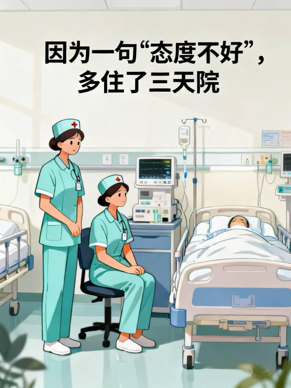 因为一句“态度不好”，多住了三天院

隔壁病房有个大爷，儿子天天来陪。

本来恢