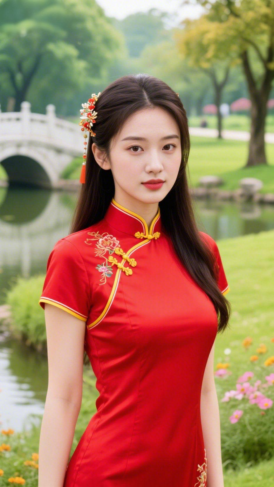 园桥春韵
 
一弯石桥卧碧流，千重翠色满汀洲。
芳茵静覆青芜岸，繁蕊香浮碧水头。