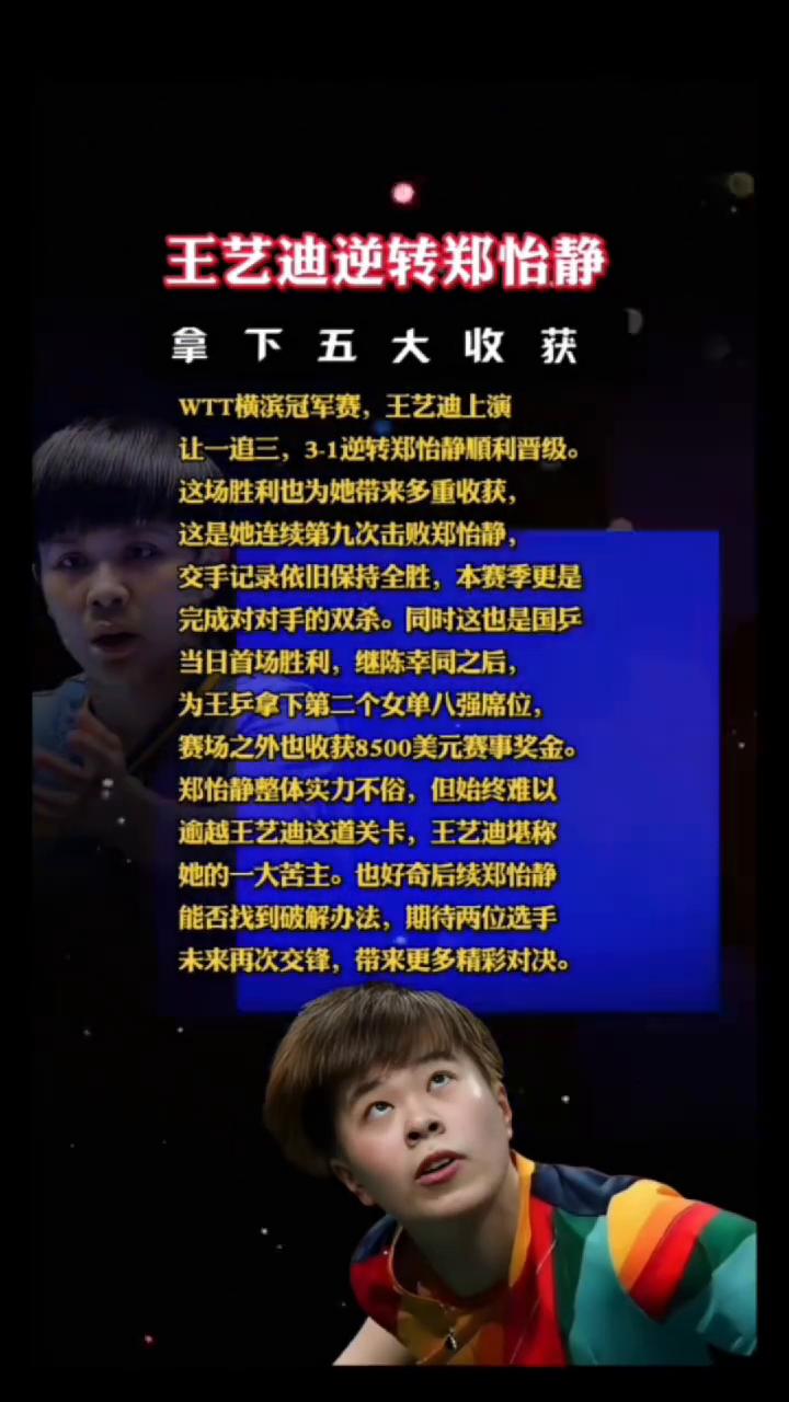 王艺迪逆转郑怡静，下五大收获。
WTT横滨冠军赛，王艺迪上演让一追三，3-1逆转