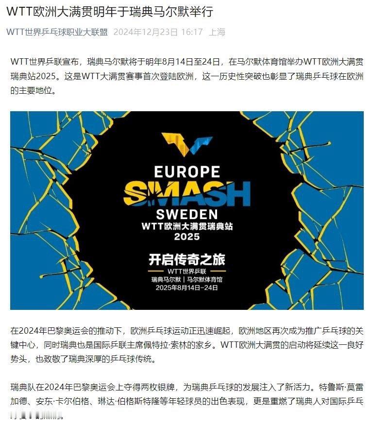WTT官宣2025欧洲大满贯 官宣！官宣！2025年WTT欧洲大满贯2025年欧