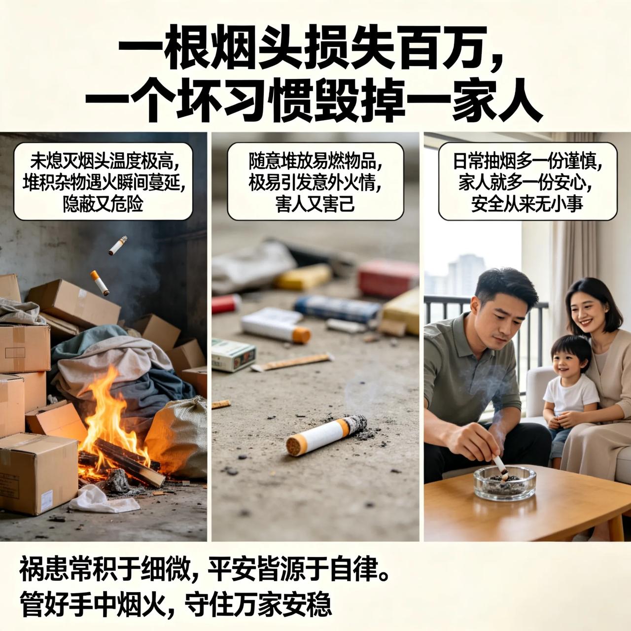 一根烟头损失百万，一个坏习惯毁掉一家人
 
真不敢相信，小小的烟头，竟然酿成百万