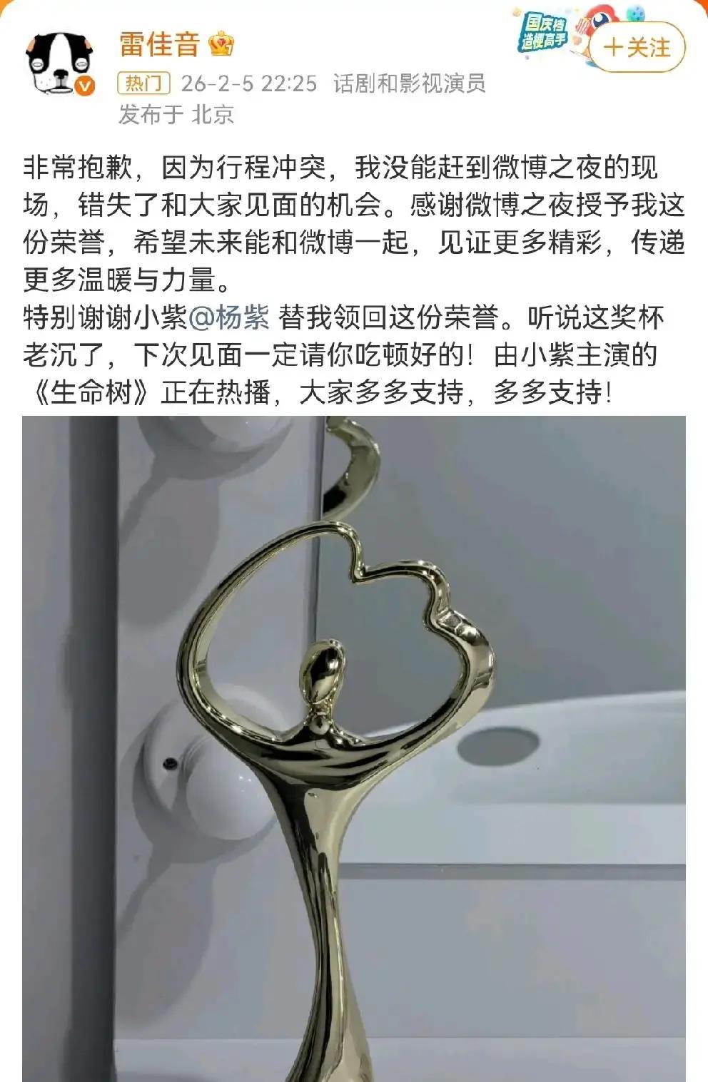 杨紫雷佳音一起拿下微博之夜年度口碑演员，奖杯还是杨紫代领。

雷佳音在横店拍戏走