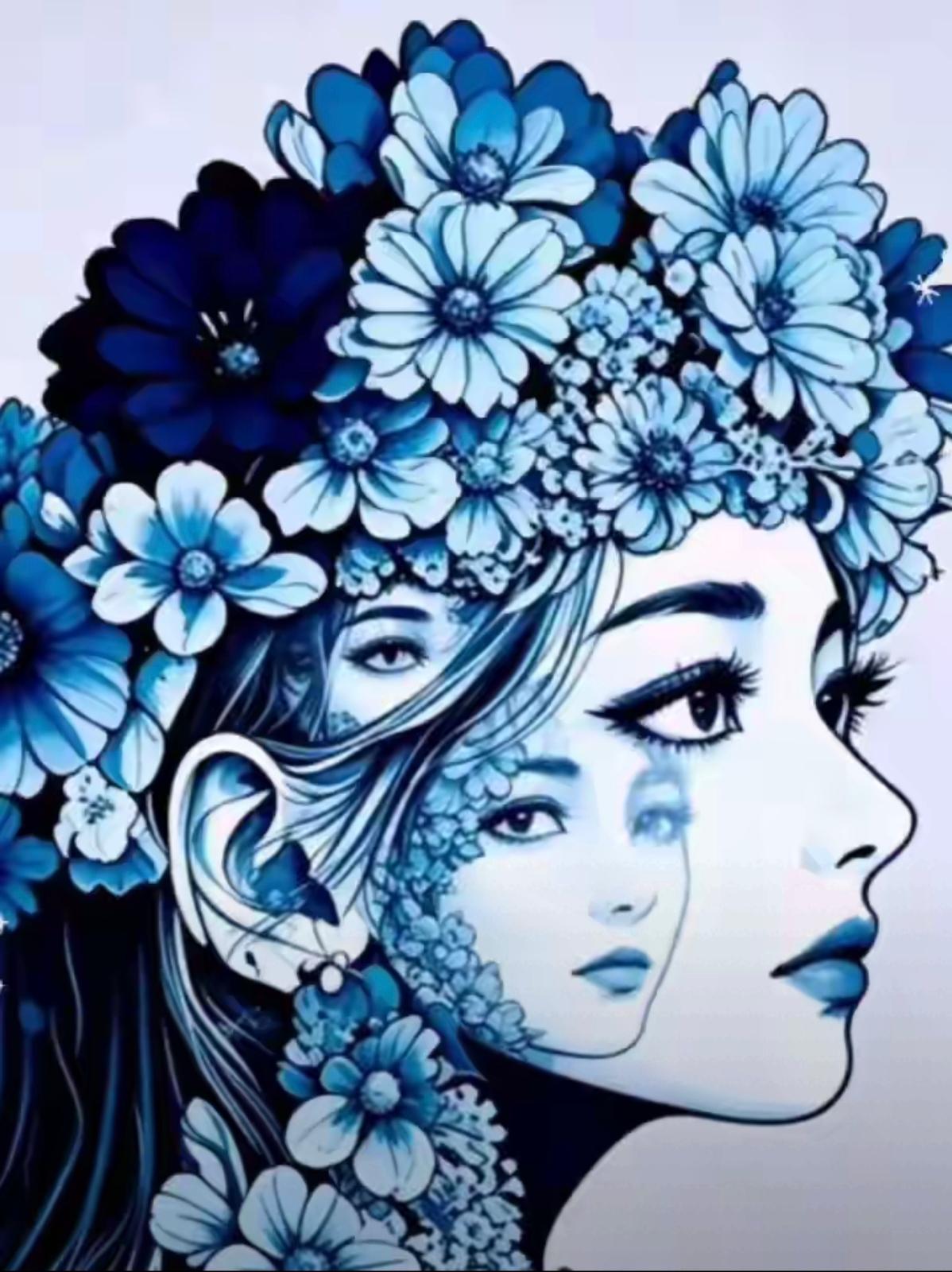 这是一幅花环装饰的美丽女孩插画，能在里面找齐5张人脸的，是高手中的高手。