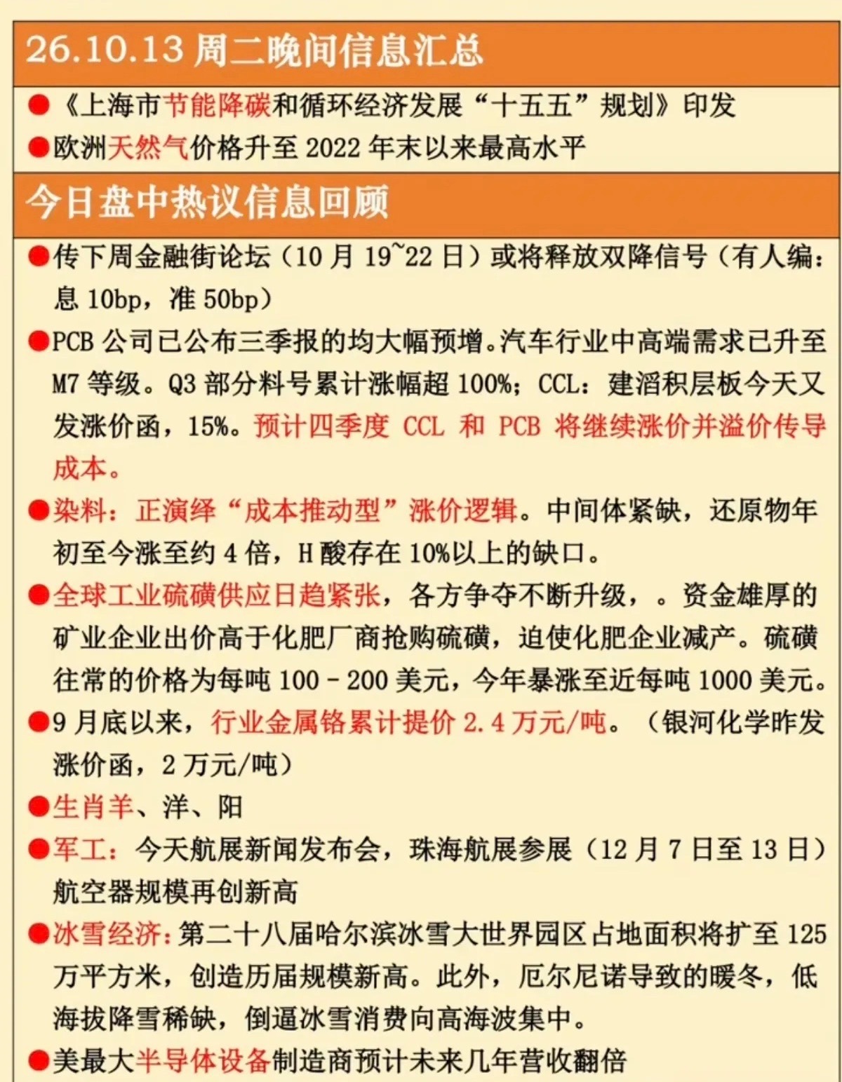10.13周二  晚间：财经热点信息整理！ ​​​