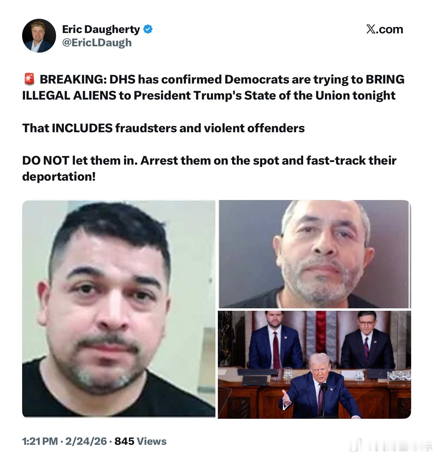 國土安全部已證實，民左黨正試圖將非法移民帶到今晚的國情咨文演說現場，其中還包括詐