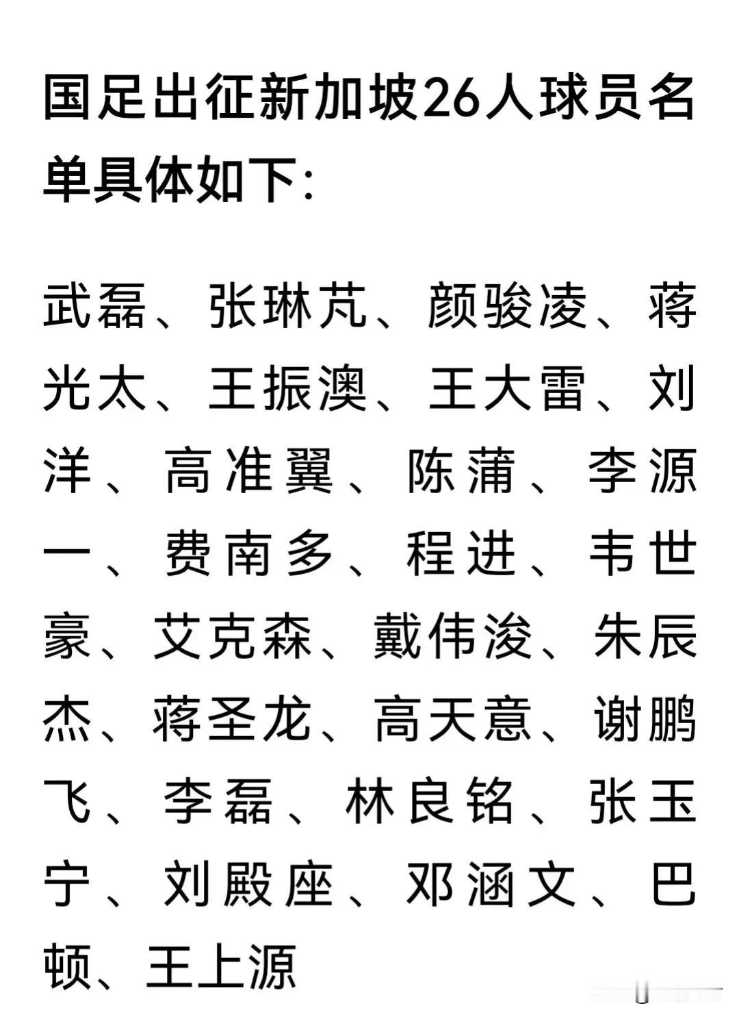 国足26人大名单出来了！
。李可、李昂、谢文能、赵博、李帅5人没有留队，谢文能要