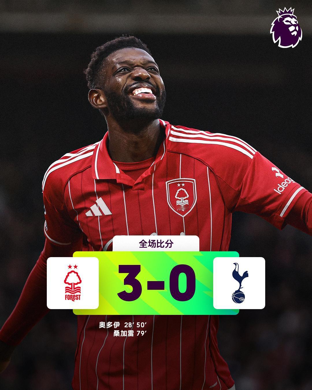 全场比分丨诺丁汉森林 3-0 热刺

⚽第28分钟，奥多伊门前接桑加雷横传推射空