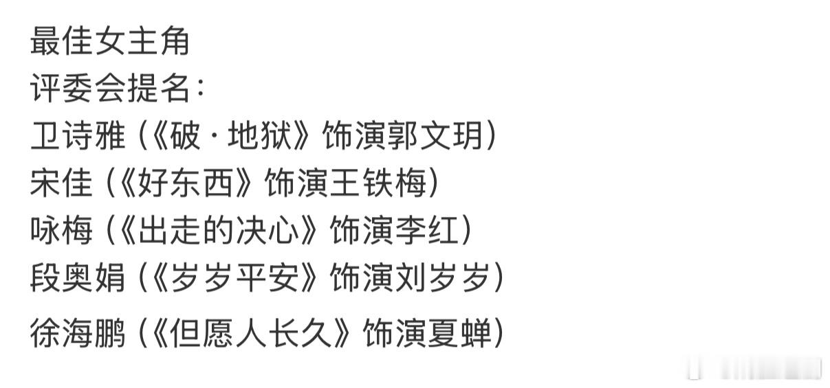 金鸡奖最佳女主角评委会提名：卫诗雅（《破·地狱》饰演郭文玥）宋佳（《好东西》饰演