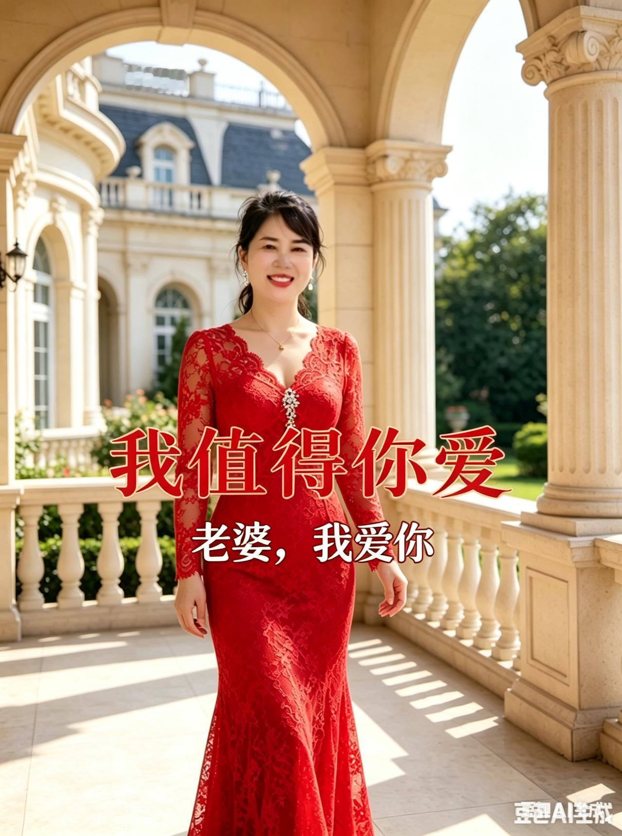 穿红裙的女士在阳光明媚的阳台上微笑。
