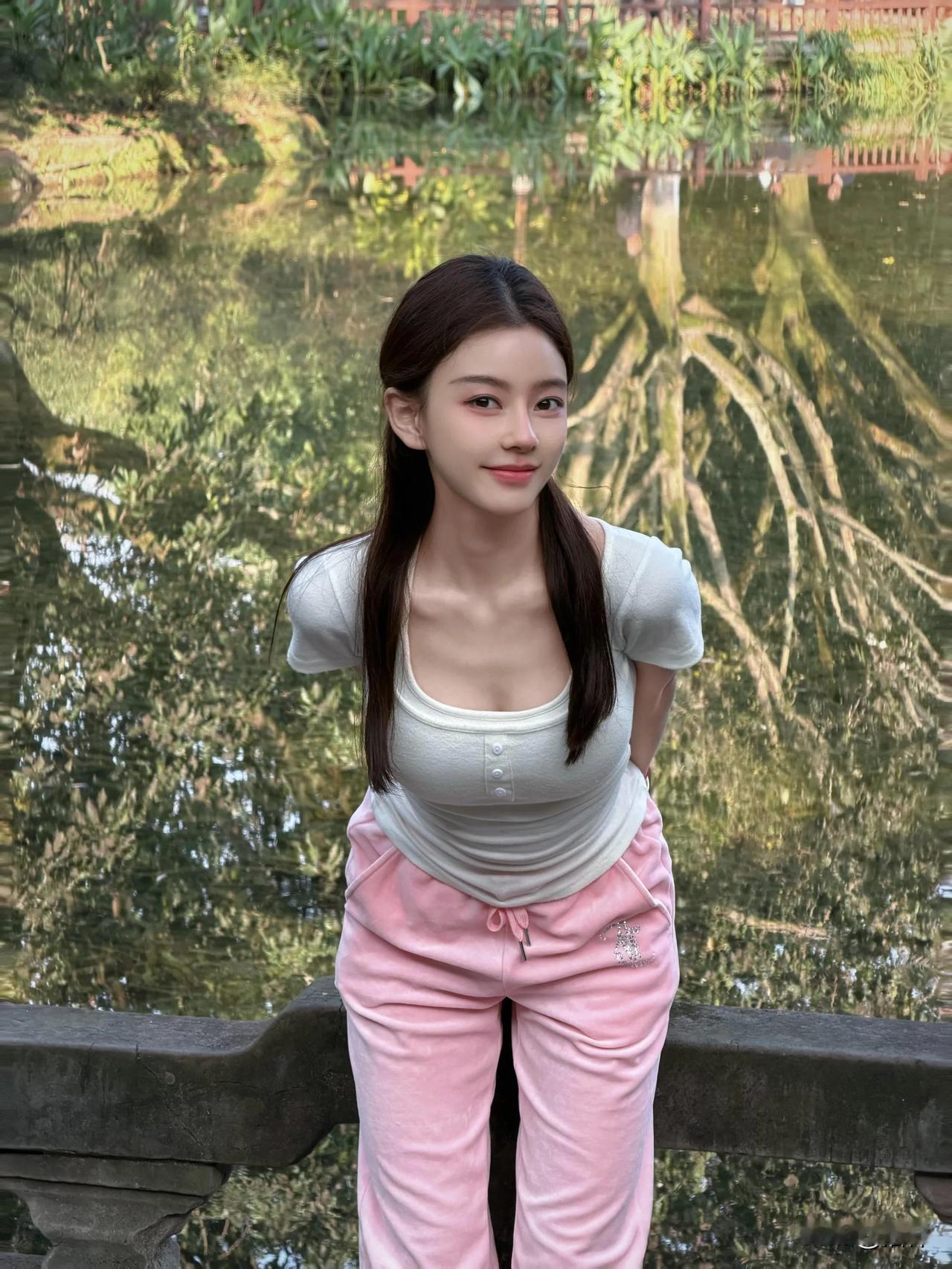 阳光下的少女，粉色的休闲裤，微笑的瞬间，美好时光定格。