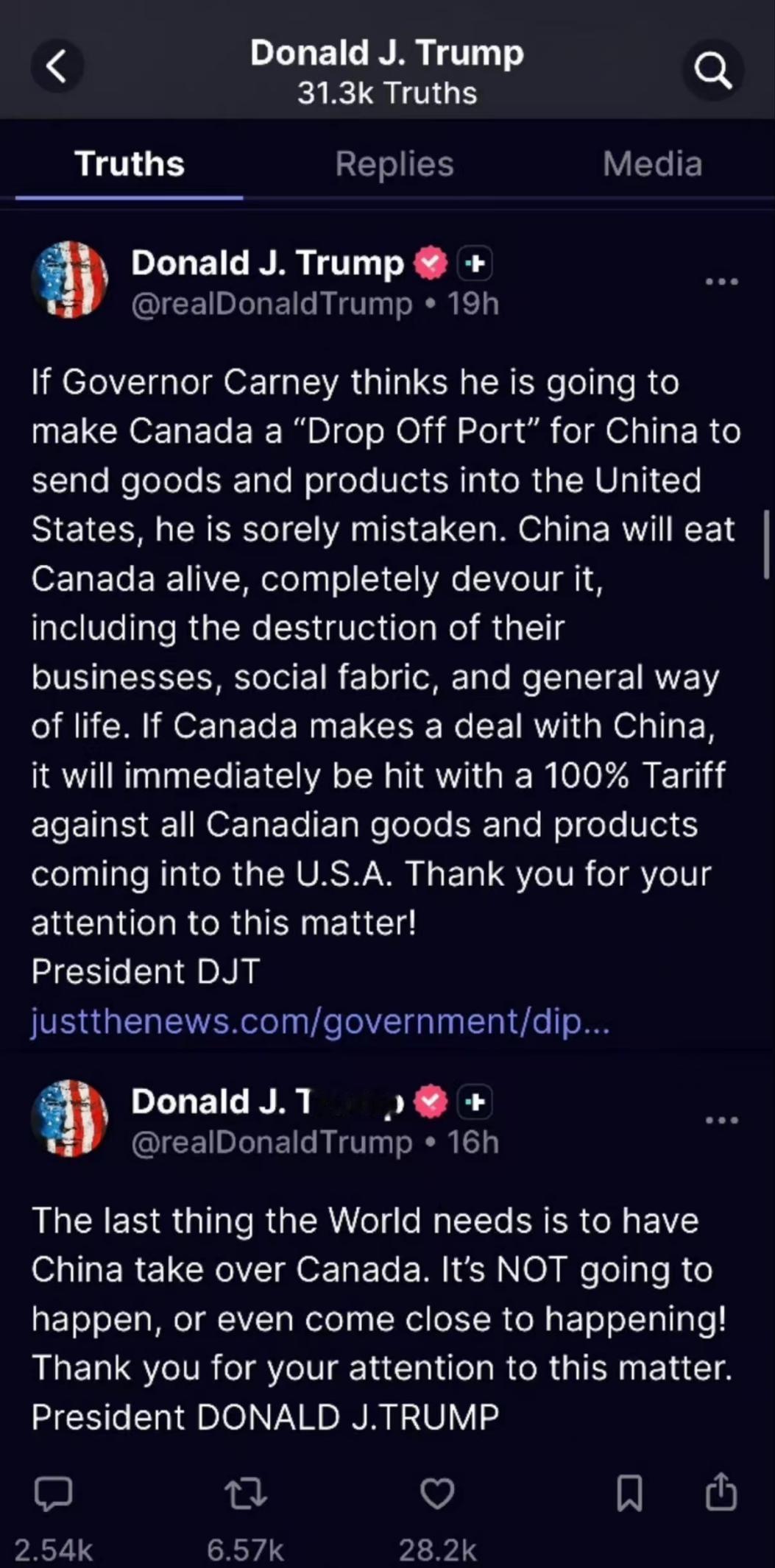 特朗普翻脸了，要给加拿大加税100％：中国正在“吞噬”加拿大

当地时间1月24