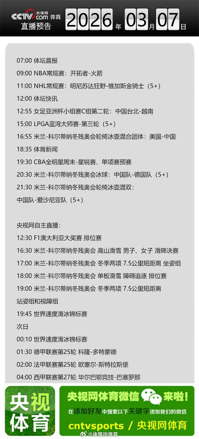 【央视网体育3月7日直播预告】09:00 NBA常规赛：开拓者-火箭；12:55