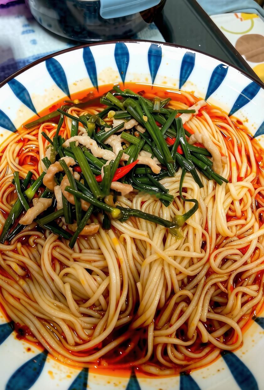早餐：红油汤面。早晨炒了韭苔肉丝，顺手取材，夹了一点做了个面浇头。生活手记[超话