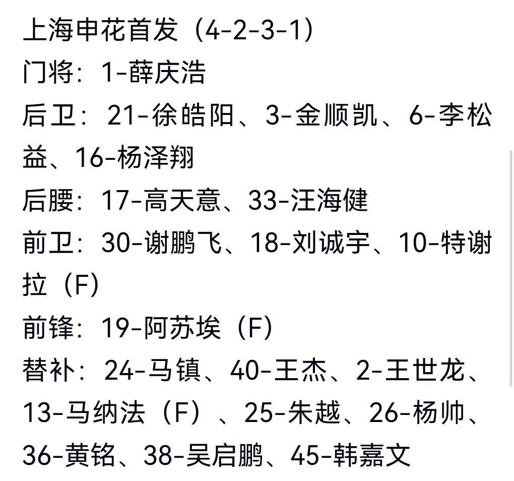 申花亚冠首发出炉！派出双外援！没有亚冠专属外援！这就是申花的底气！基本全部用国内