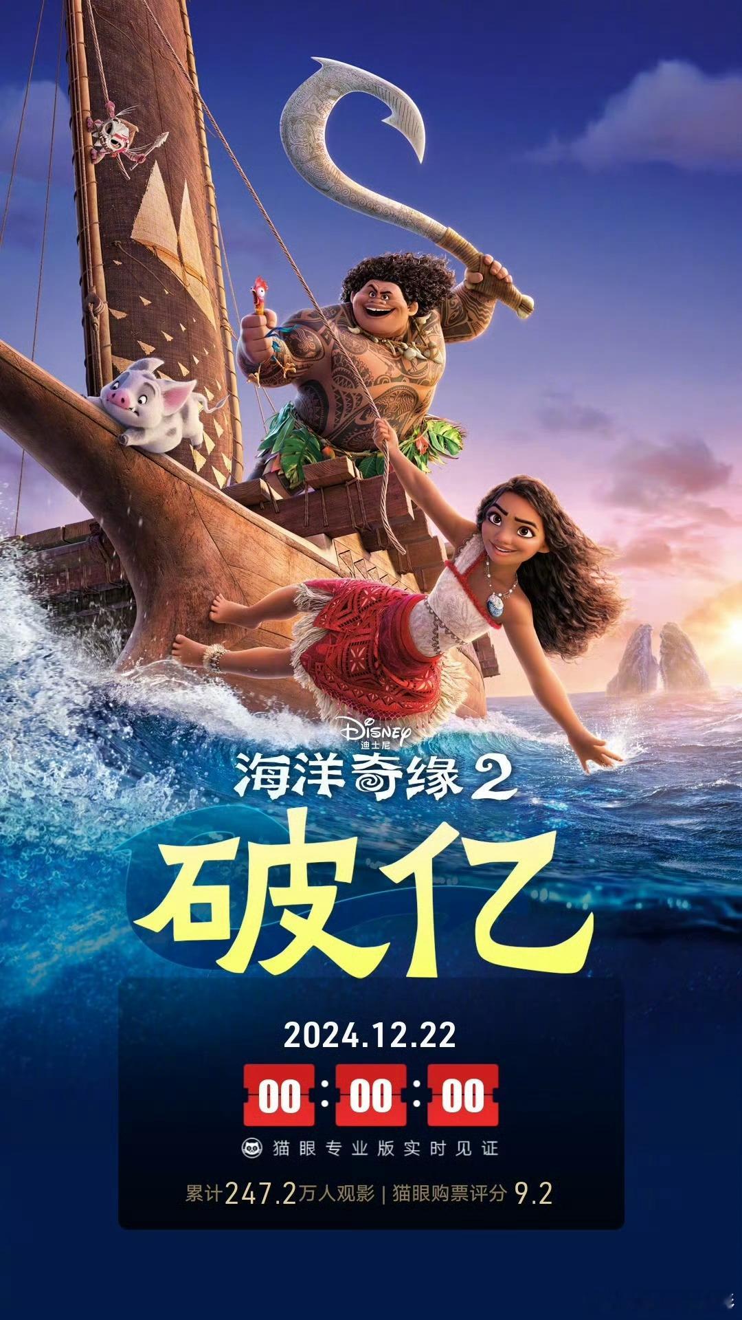 海洋奇缘2票房破1亿  12.22《海洋奇缘2》的票房破亿啦，大家都去影院看这部