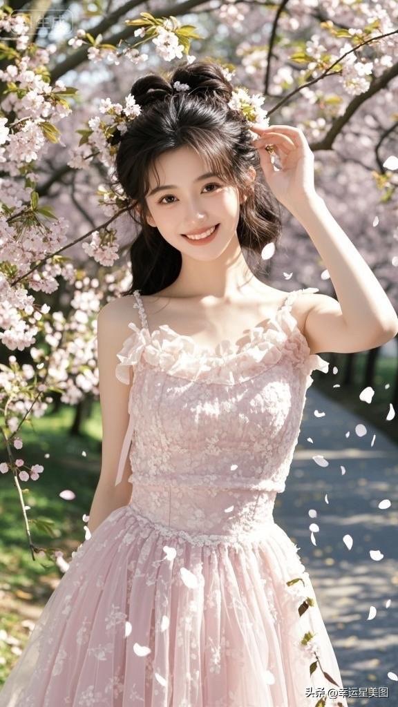 樱花树下，粉裙少女，浪漫春日