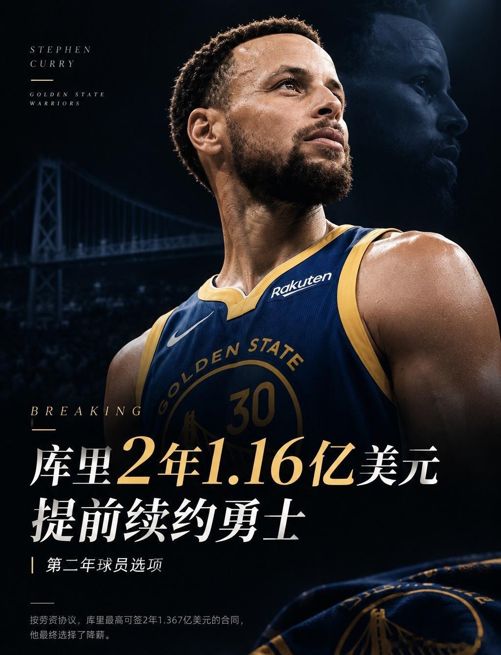 Shams：库里2年1.16亿续约勇士，含球员选项9月26日据名记Shams消息