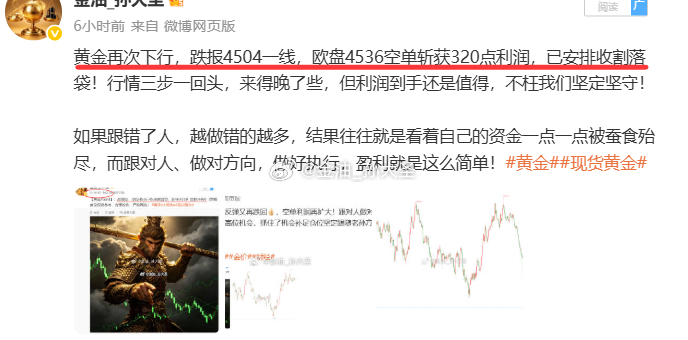 四单，三胜一负，实际斩获560点利润！ 黄金不用多说，主空辅多，多空双收，主趋势