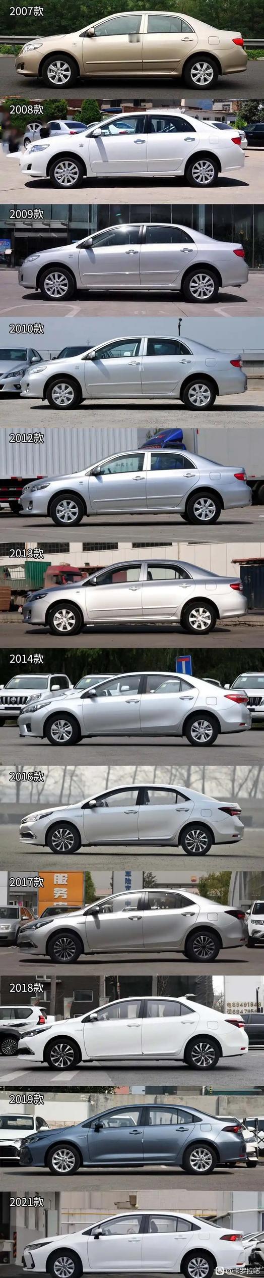 历年来卡罗拉的外观变化，从2007年到现15年间卡罗拉改了12款，全球销量最好得