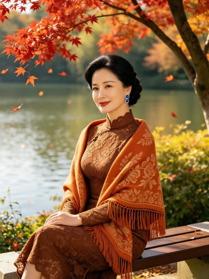 盘发挽留住秋光，
蓝钻于耳侧轻摇，
宛如湖面未凉的月光。
棕蕾丝裹着旧时光韵，